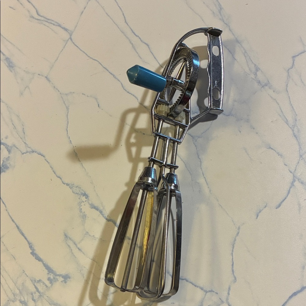Vintage Handheld Egg Beater with Blue Handle